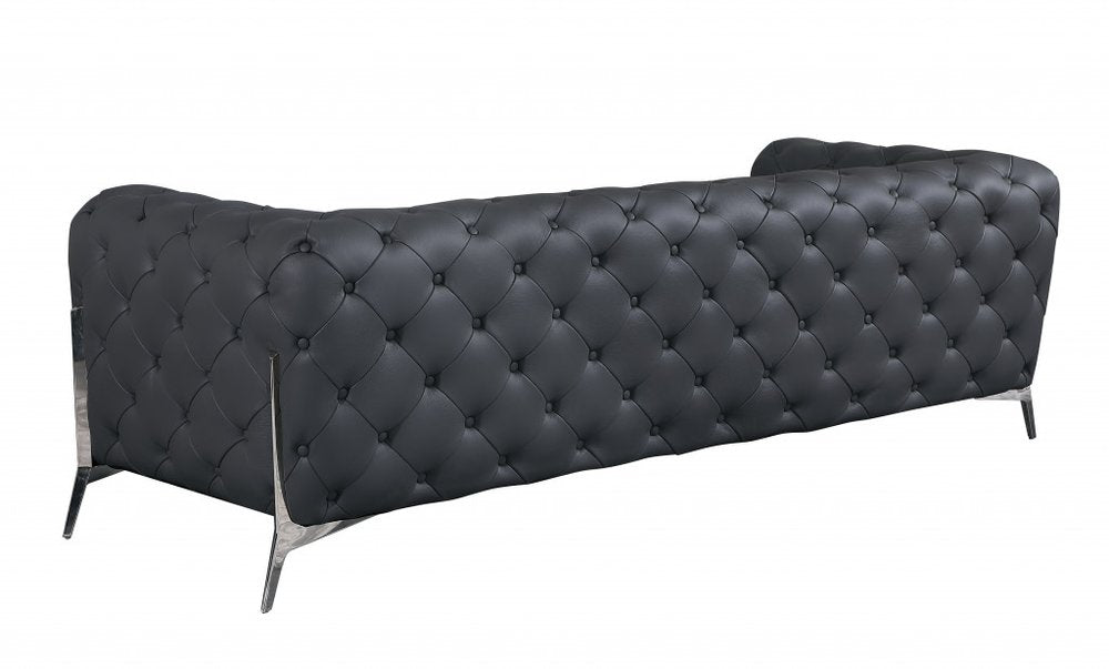 93" Black Italian Leather Chesterfield Sofa With Silver Legs