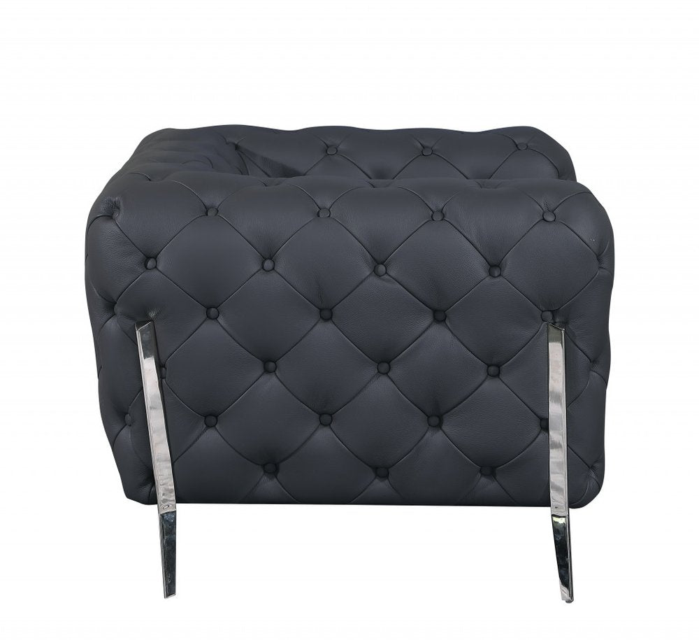 93" Black Italian Leather Chesterfield Sofa With Silver Legs