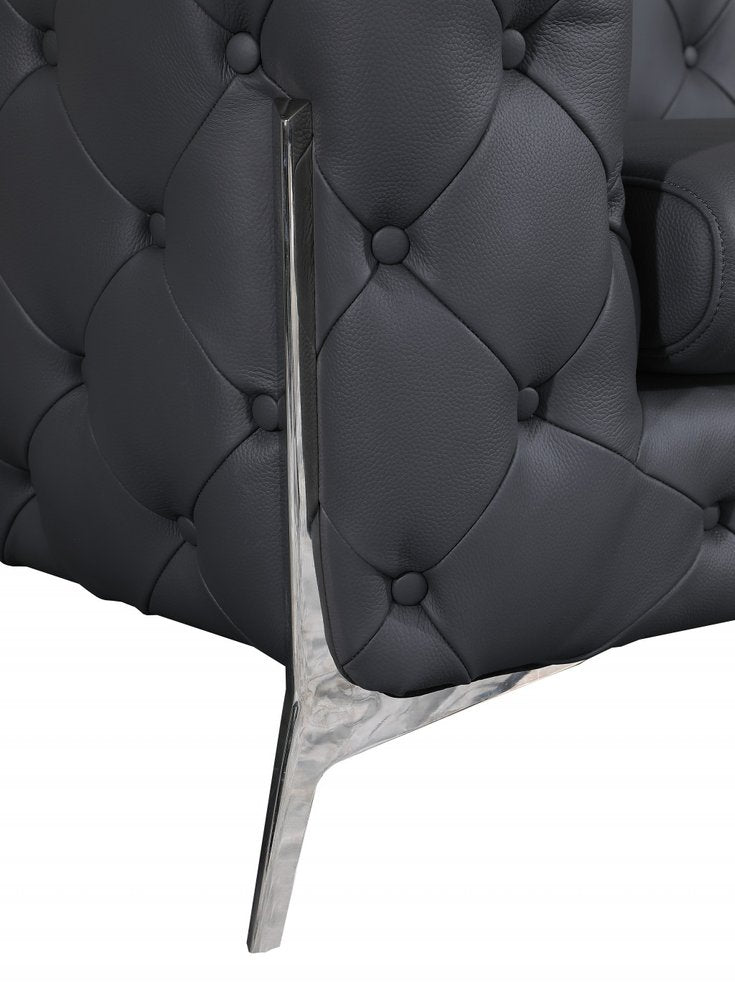 93" Black Italian Leather Chesterfield Sofa With Silver Legs