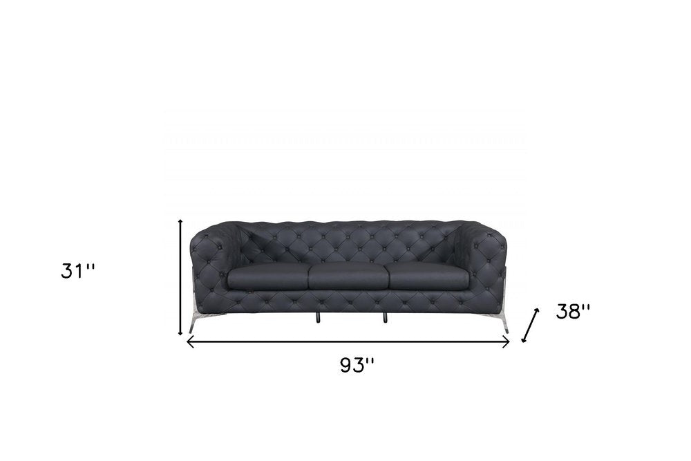 93" Black Italian Leather Chesterfield Sofa With Silver Legs