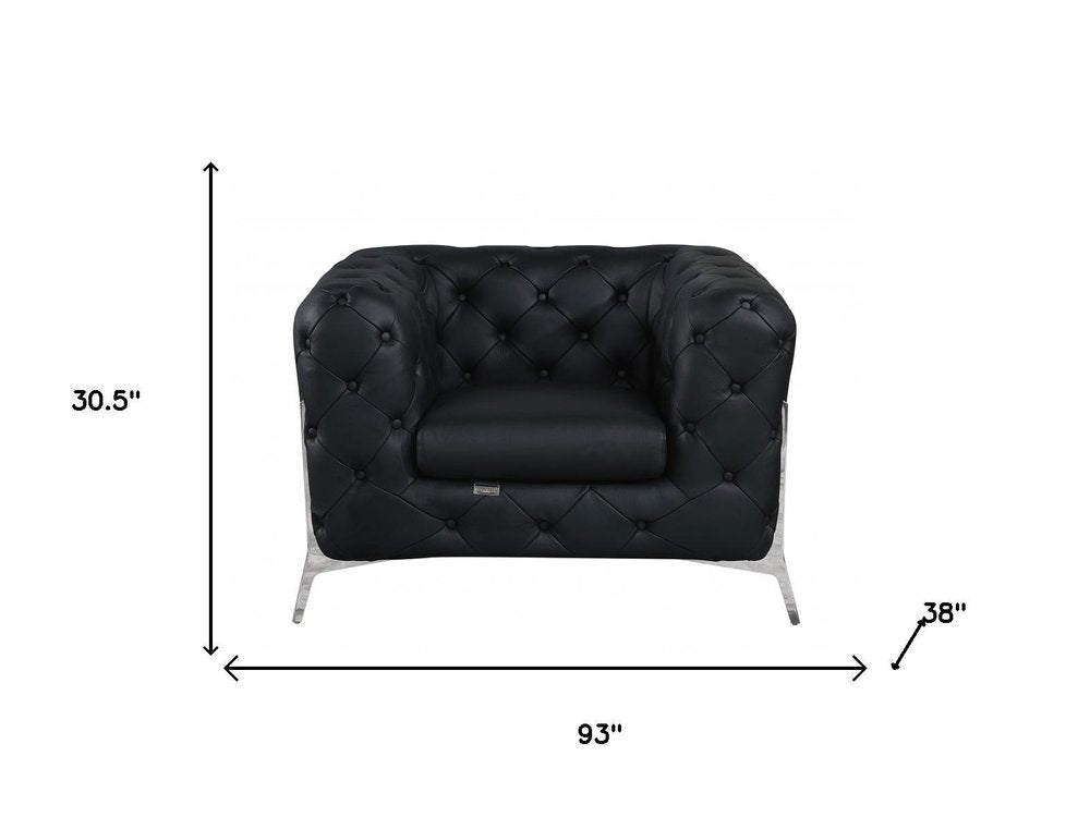 Three Piece Indoor Black Italian Leather Five Person Seating Set