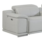 Light Gray Italian Leather Power Reclining U Shaped Seven Piece Corner Sectional With Console