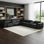 Black Italian Leather Power Reclining U Shaped Eight Piece Corner Sectional With Console