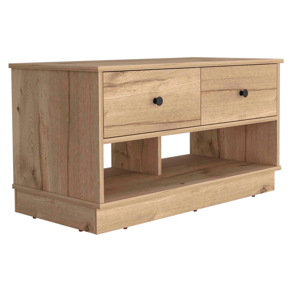 36" Natural and Oak Wood Storage Bench With Drawers Shoe Storage And Shelves