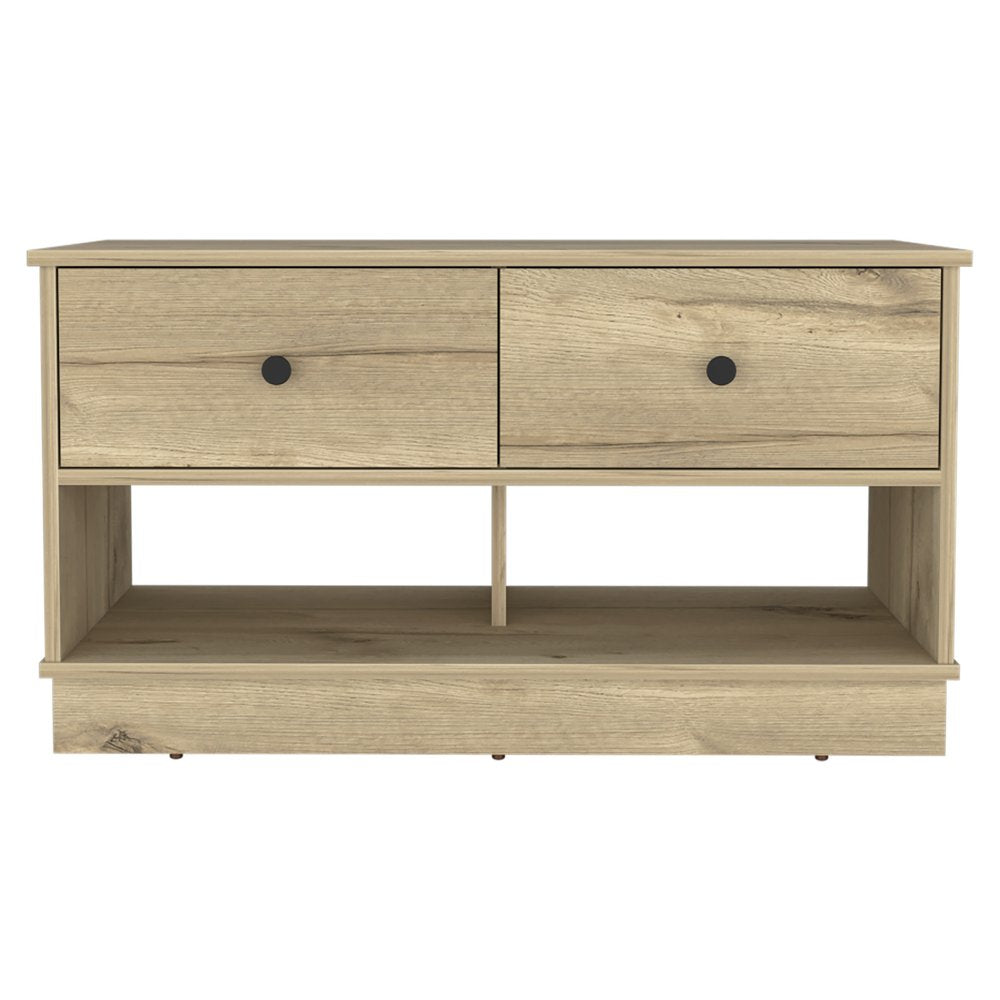 36" Natural and Oak Wood Storage Bench With Drawers Shoe Storage And Shelves