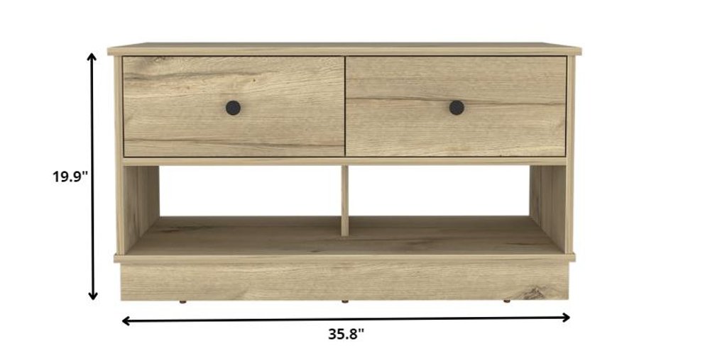 36" Natural and Oak Wood Storage Bench With Drawers Shoe Storage And Shelves