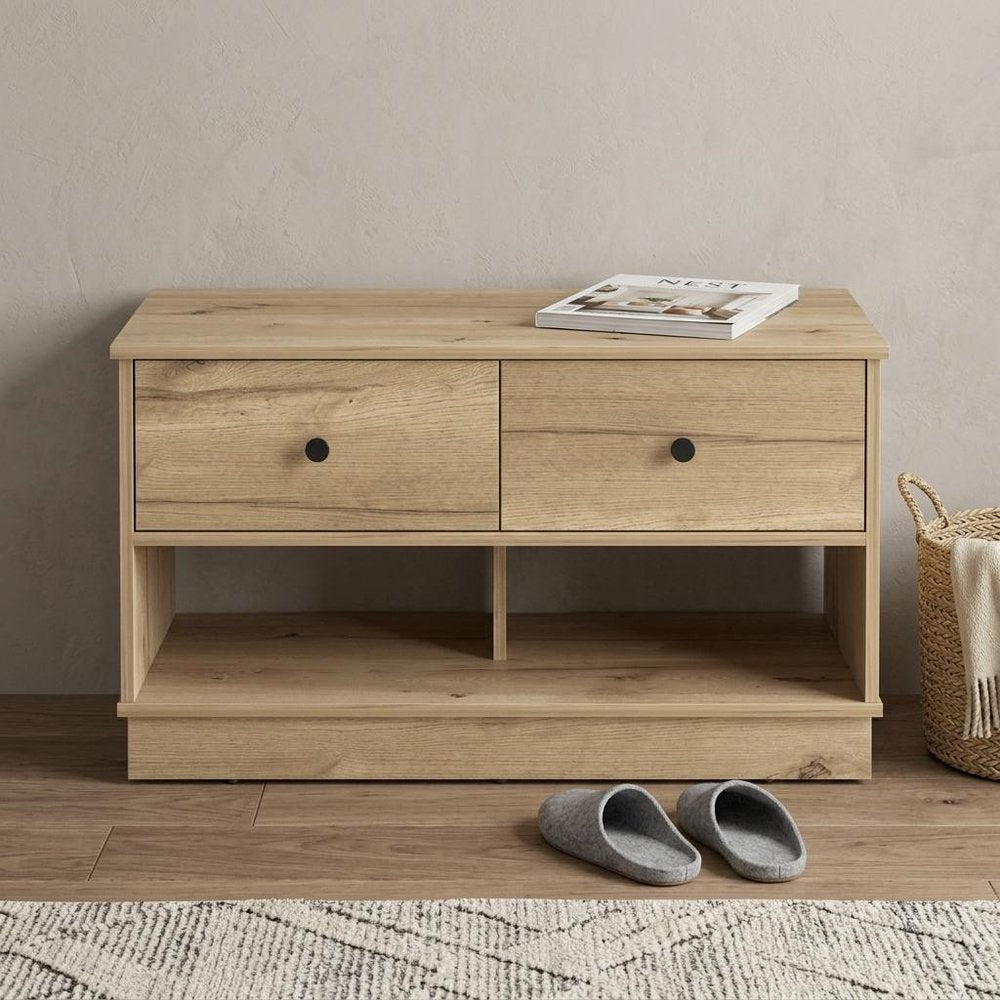 36" Natural and Oak Wood Storage Bench With Drawers Shoe Storage And Shelves