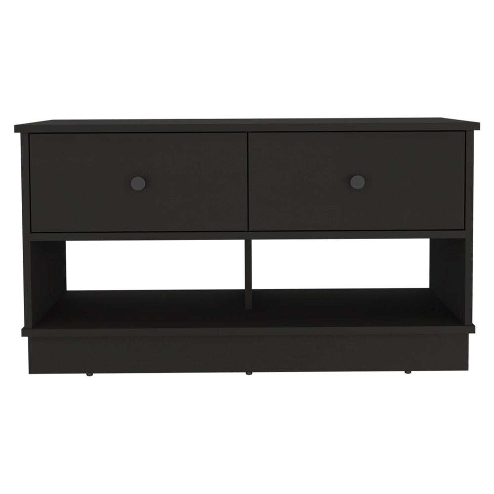 36" Black Wood Storage Bench With Drawers And Shelves