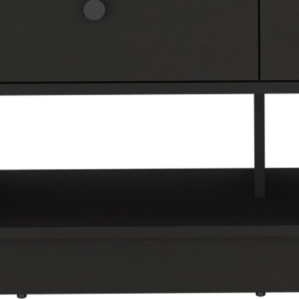 36" Black Wood Storage Bench With Drawers And Shelves