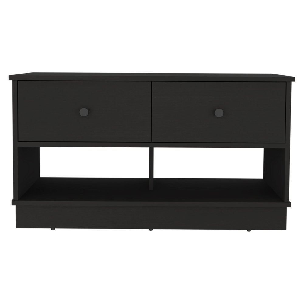 36" Black Wood Storage Bench With Drawers And Shelves