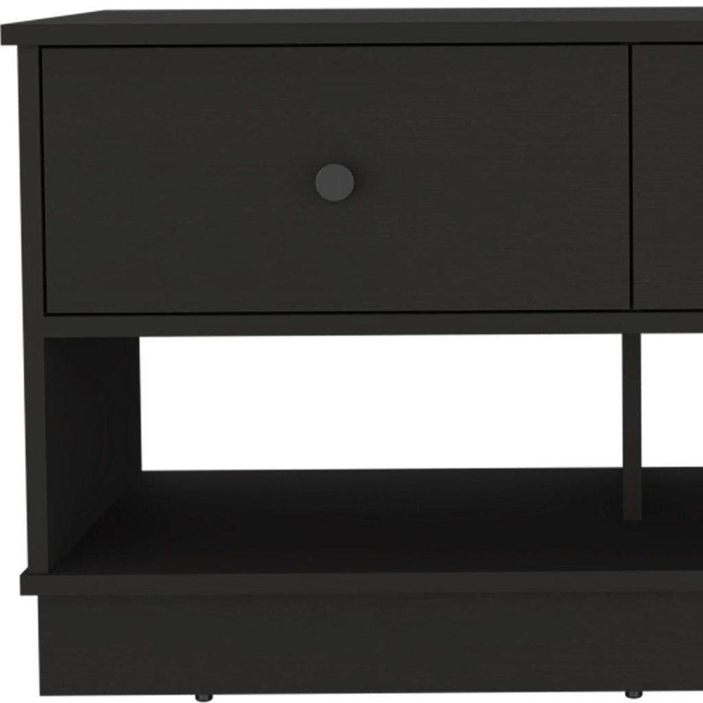 36" Black Wood Storage Bench With Drawers And Shelves