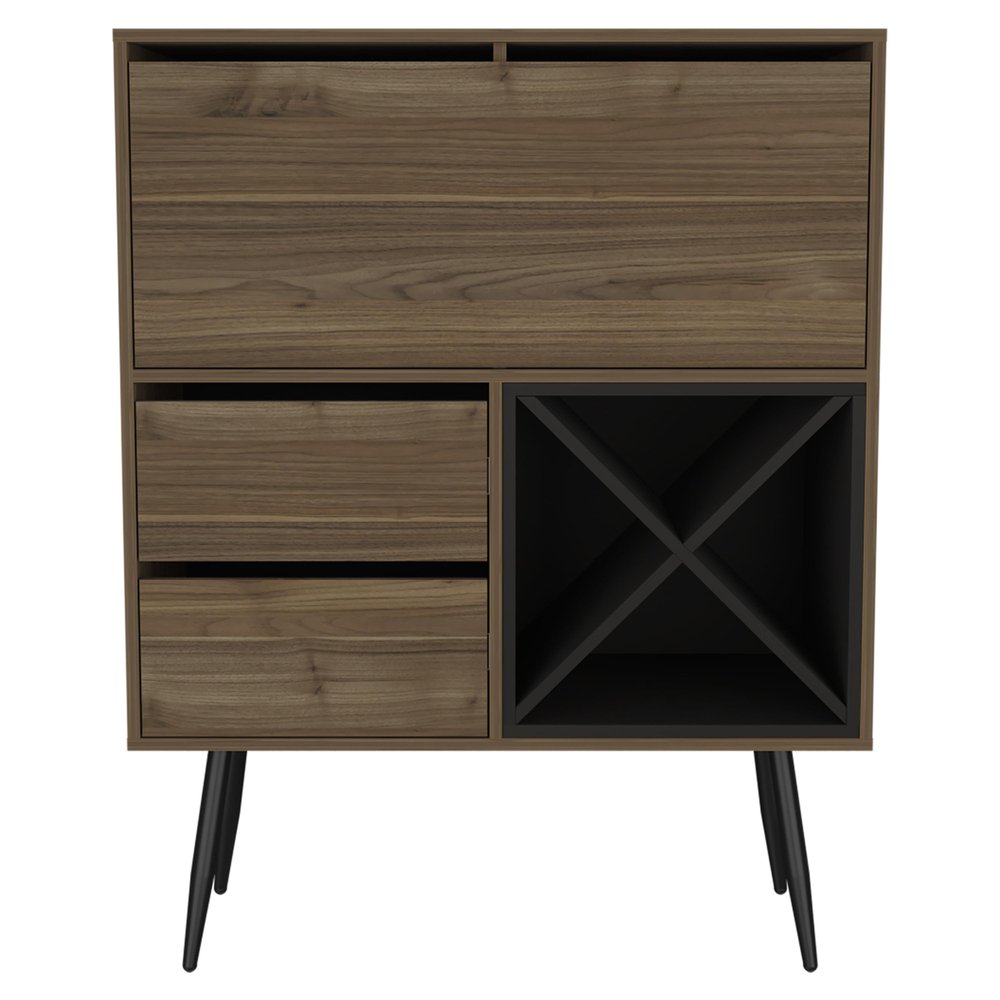 46" Dark Brown and Black Wood Console Bar Cabinet With Single Door And Two Drawers