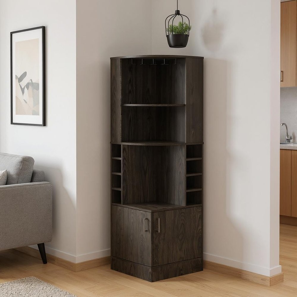 71" Dark Brown Wood Corner Bar Cabinet With Two Doors