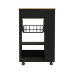 22" Natural And Black Wood Rolling Kitchen Cart With Storage