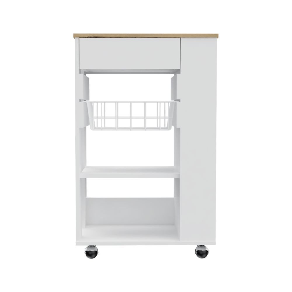 22" Brown And White Wood Rolling Kitchen Cart With Storage