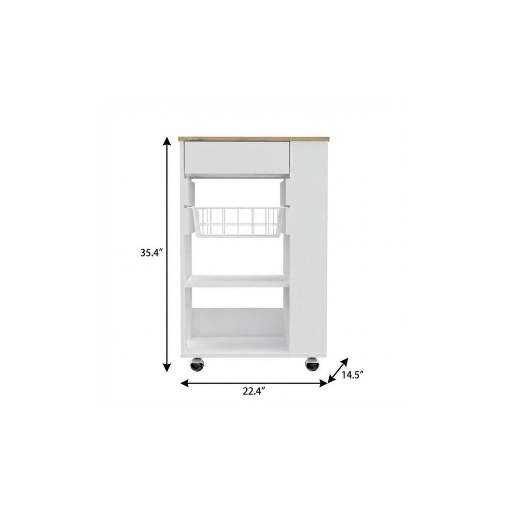 22" Brown And White Wood Rolling Kitchen Cart With Storage