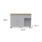 54" Natural and White Wood Flat Door Rolling Kitchen Island With Storage