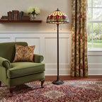 62" Brown Two Light Traditional Shaped Floor Lamp With Red Flowers Stained Glass Dome Shade