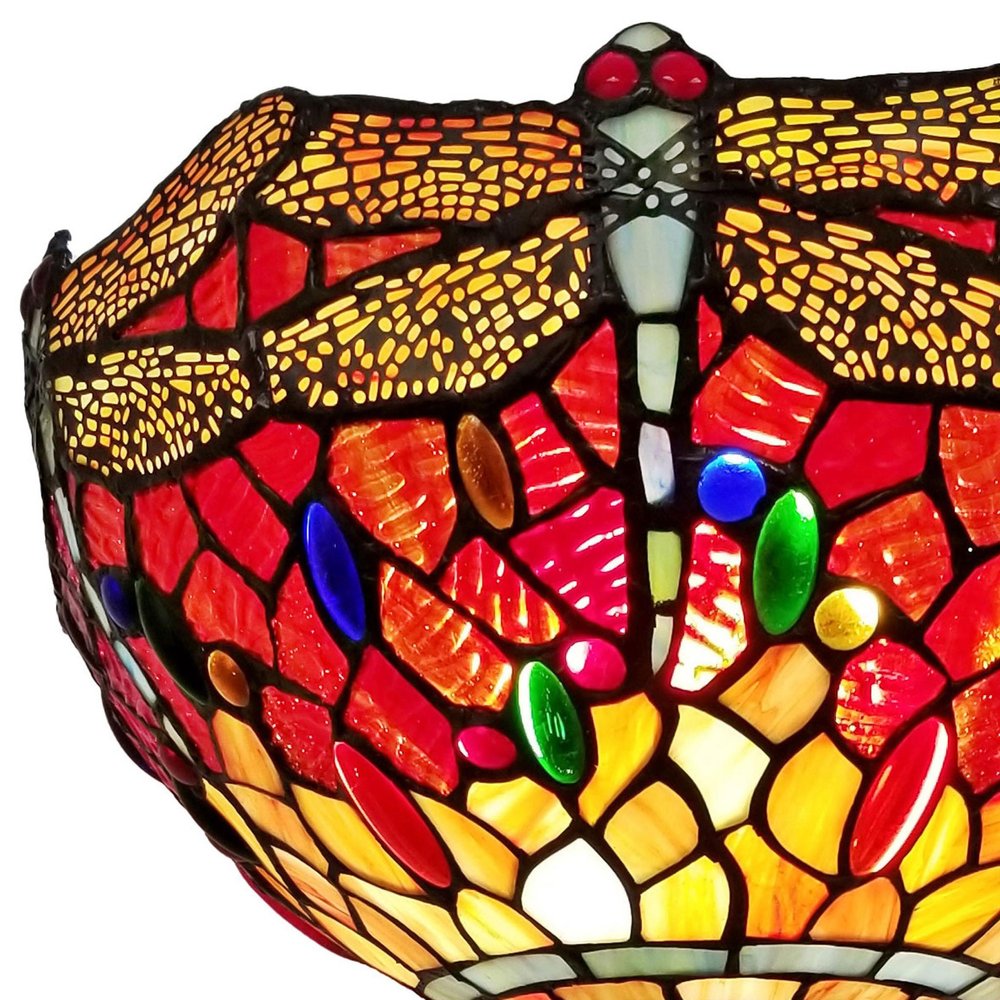 69" Black And Red Torchiere Floor Lamp With Red Dragonfly Glass Dome Shade