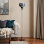 62" Brown And White Torchiere Floor Lamp With White Peacock Feather Glass Dome Shade