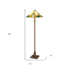 62" Two Light Tiffany Style Floor Lamp With Amber Blue And Green Stained Glass Shade