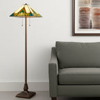 62" Two Light Tiffany Style Floor Lamp With Amber Blue And Green Stained Glass Shade