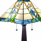 22" Dark Brown Metal Two Light Candlestick Table Lamp With Blue and Beige Shade