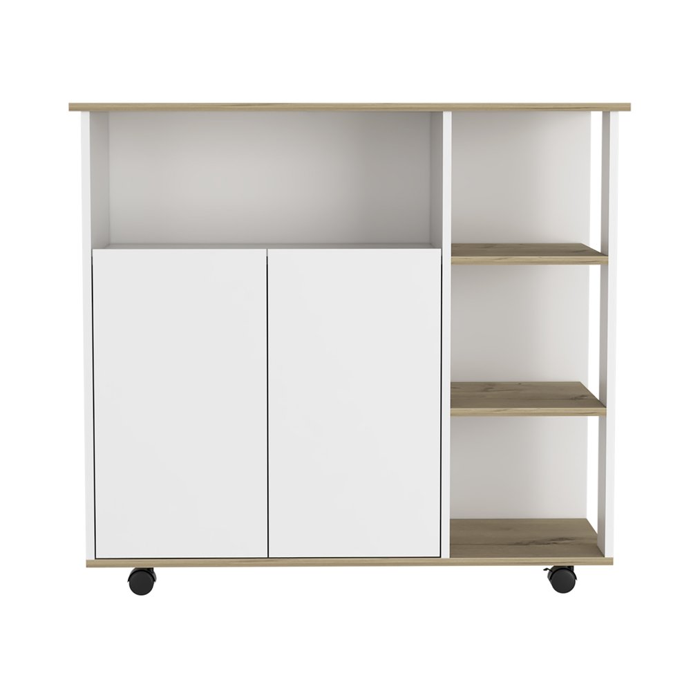 39" Oak and White Wood Rolling Kitchen Island With Storage