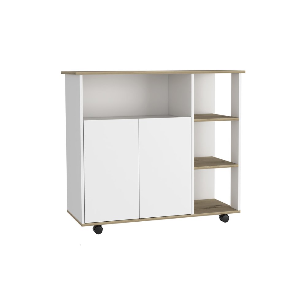 39" Oak and White Wood Rolling Kitchen Island With Storage