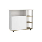 39" Oak and White Wood Rolling Kitchen Island With Storage