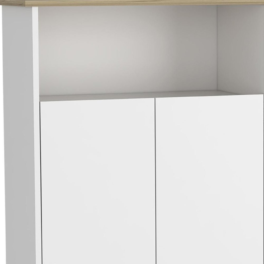 39" Oak and White Wood Rolling Kitchen Island With Storage