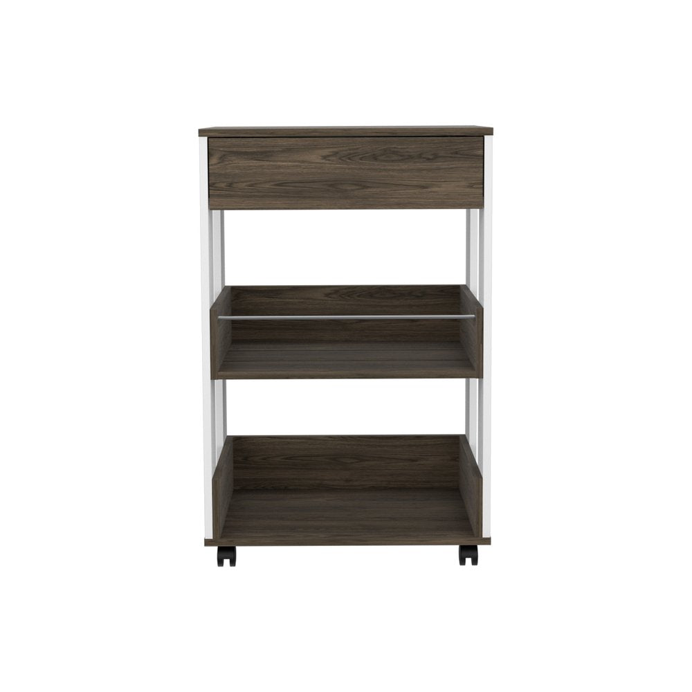 23" Dark Brown and White Wood Rolling Kitchen Cart With Storage