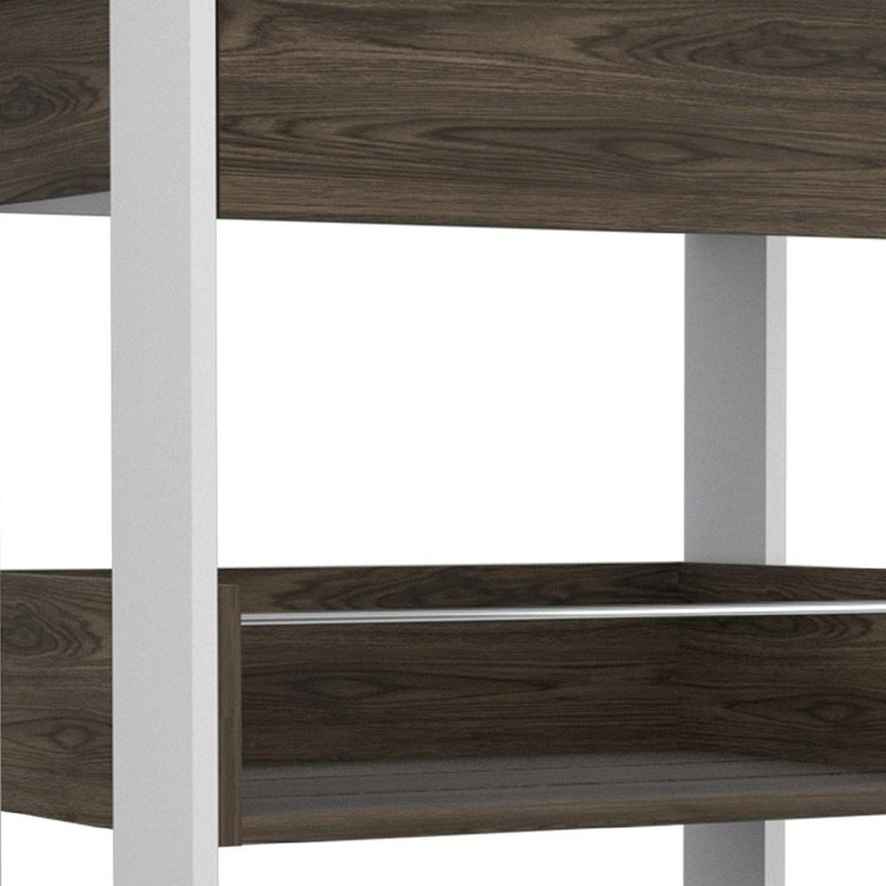 23" Dark Brown and White Wood Rolling Kitchen Cart With Storage