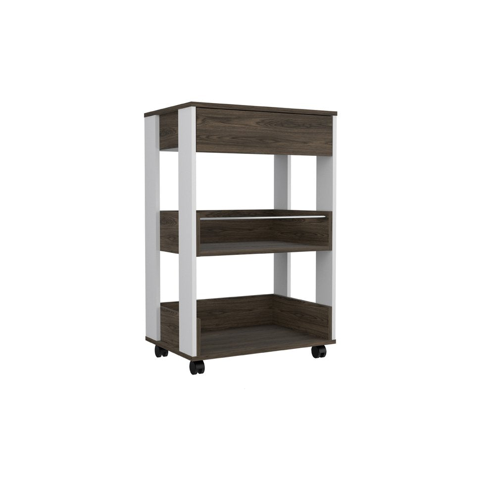 23" Dark Brown and White Wood Rolling Kitchen Cart With Storage