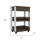 23" Dark Brown and White Wood Rolling Kitchen Cart With Storage