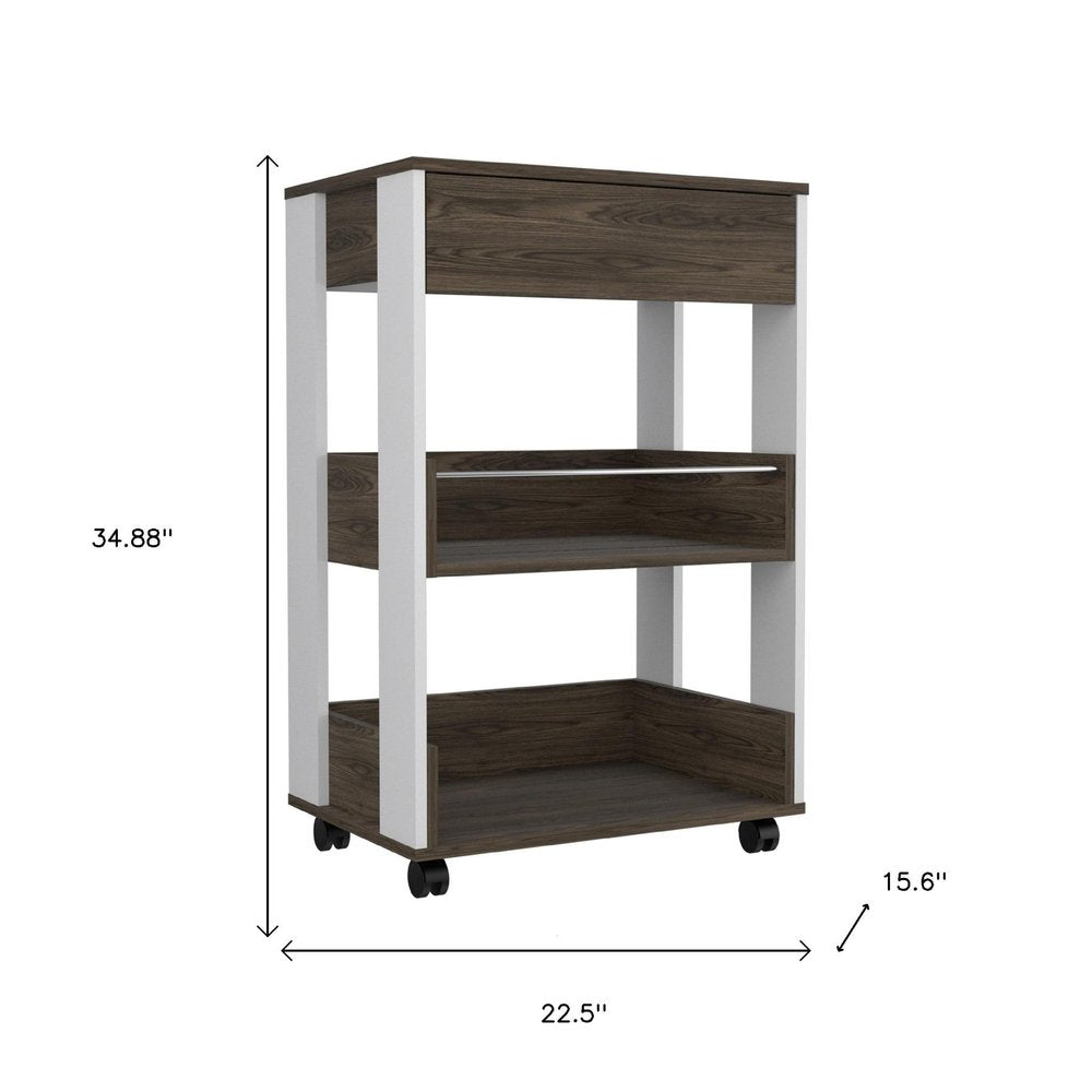 23" Dark Brown and White Wood Rolling Kitchen Cart With Storage