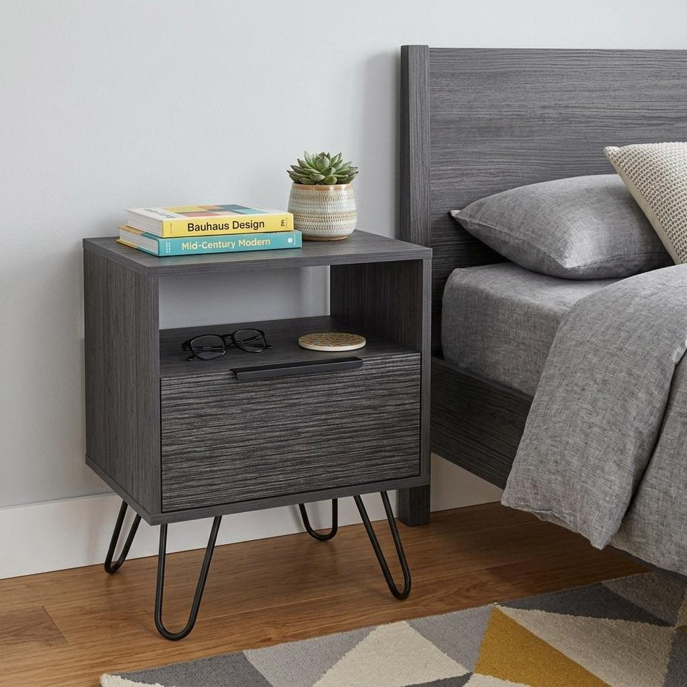 22" Gray Faux Wood Nightstand With Storage