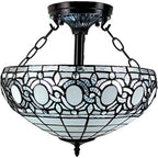 Blue and Black Tiffany Style Two Light Glass Dimmable Semi Flush Ceiling Light