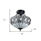 Blue and Black Tiffany Style Two Light Glass Dimmable Semi Flush Ceiling Light