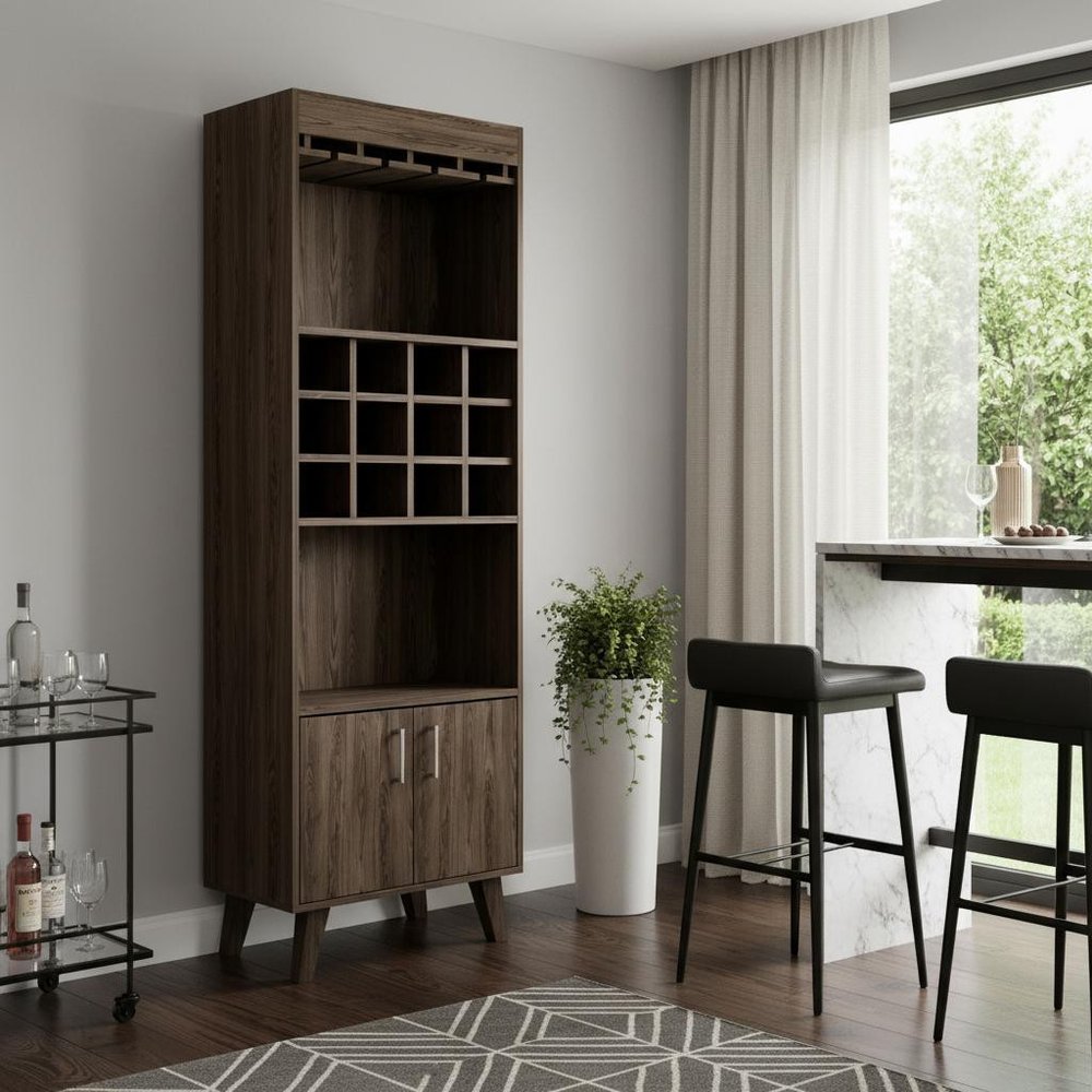 24" Walnut Wood Bar Cabinet With Two Doors