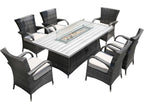 Seven Piece Gray and Beige Wicker Multiple Chairs Seating Group With Fire Pit And Table