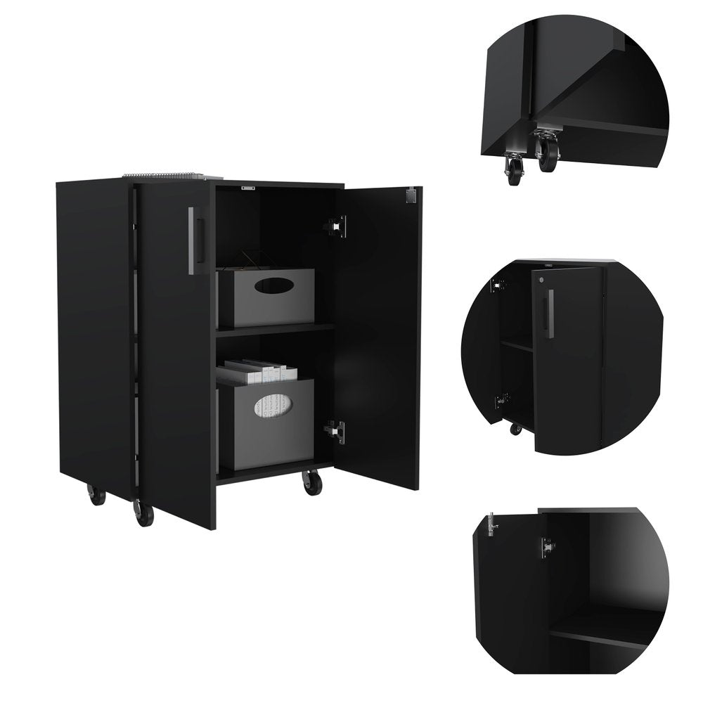 35" Black Wood Rolling Storage Cabinet With Two Doors
