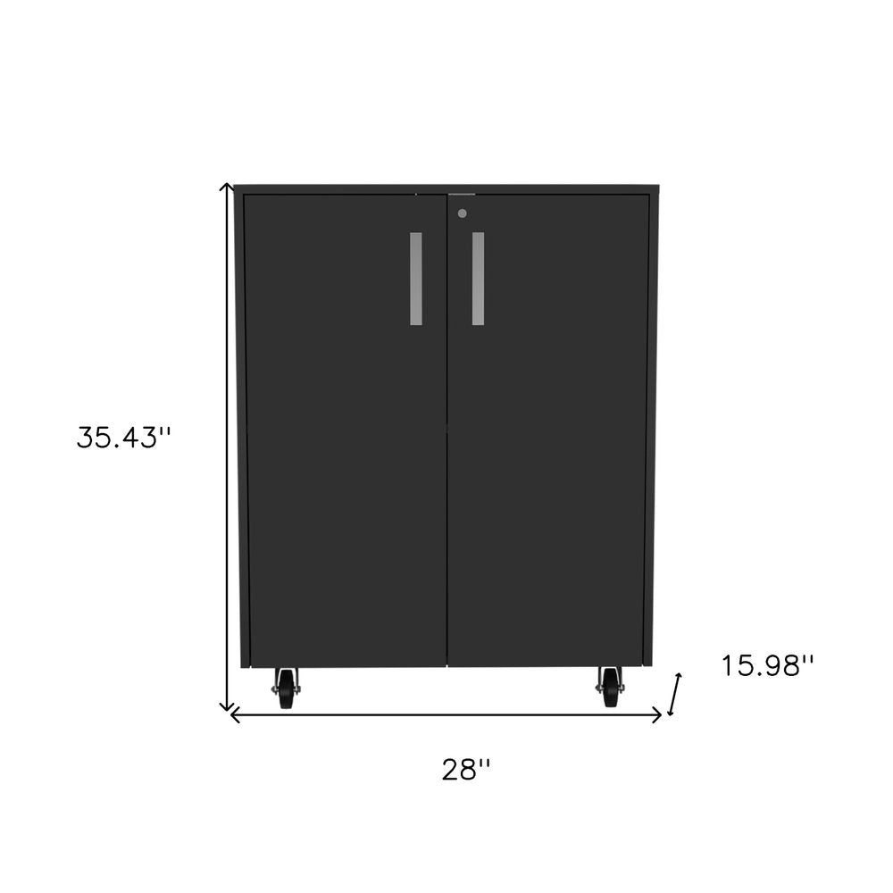 35" Black Wood Rolling Storage Cabinet With Two Doors