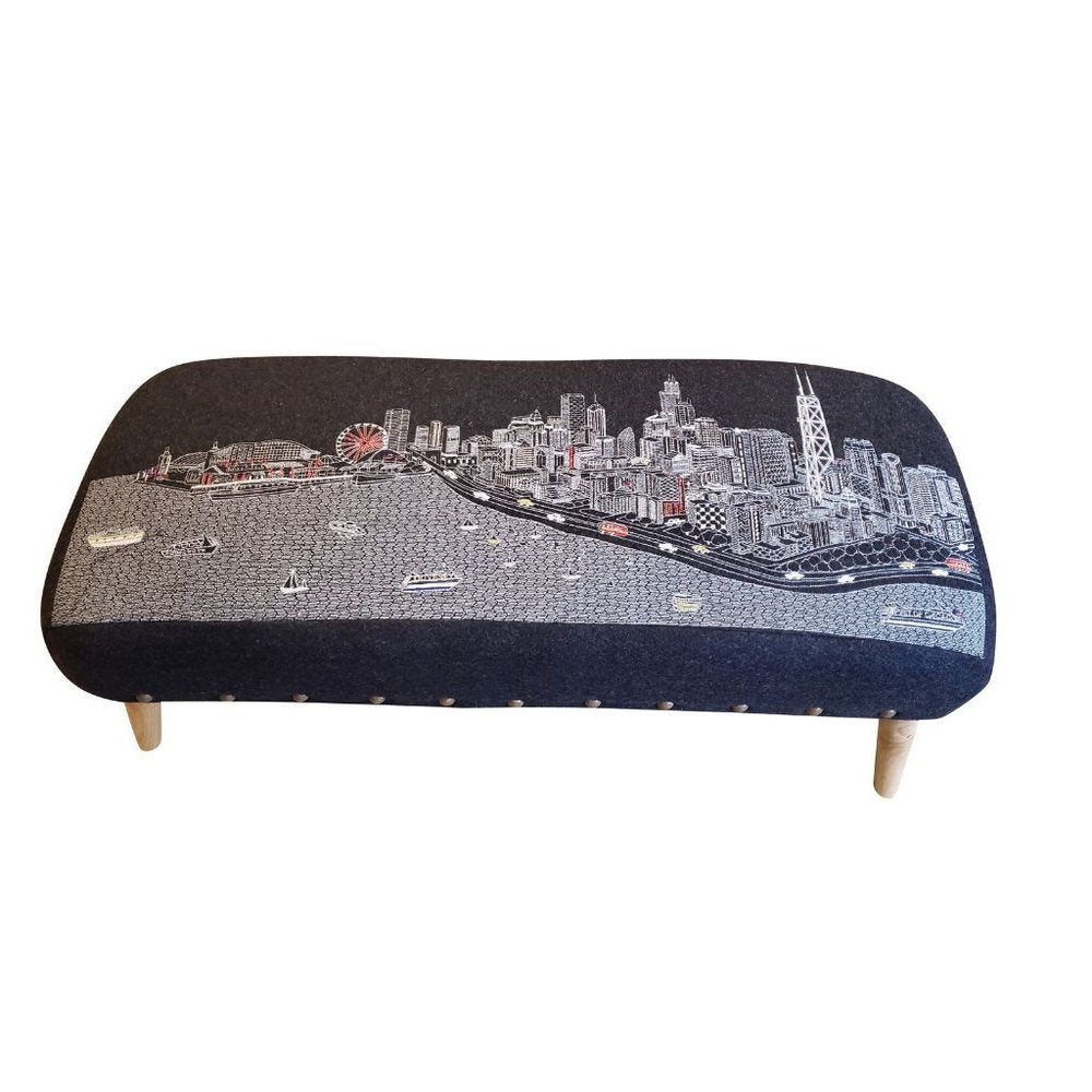38" Gray Wool and Brown Ottoman