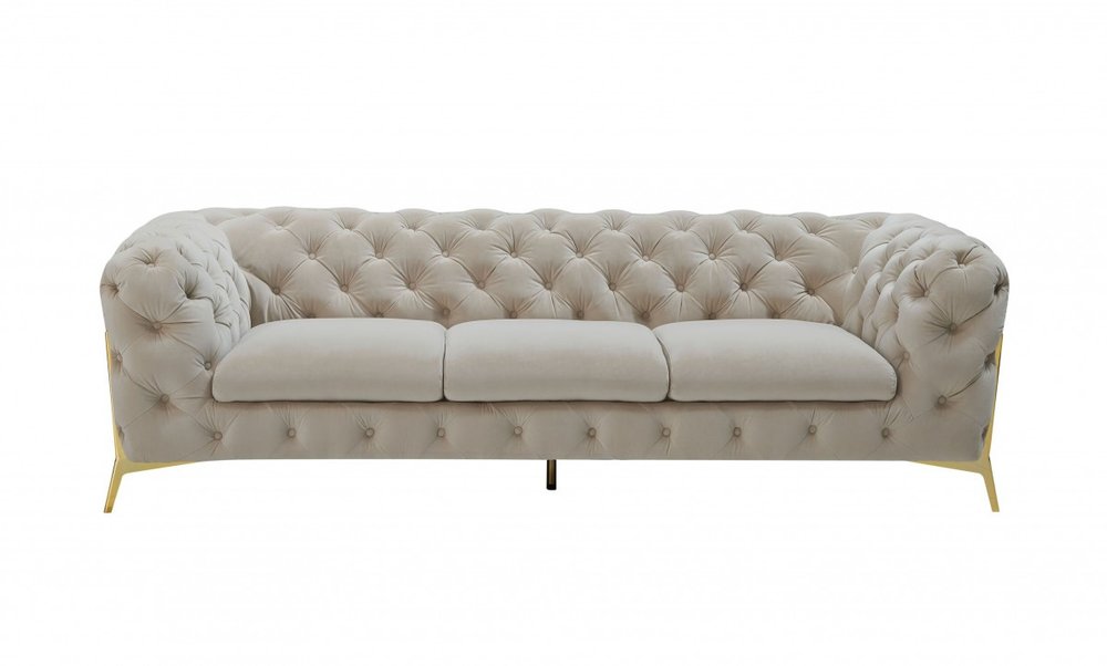 97" Beige Velvet Sofa With Gold Legs