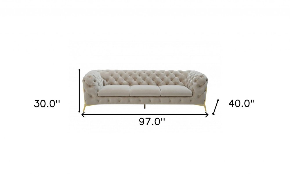 97" Beige Velvet Sofa With Gold Legs