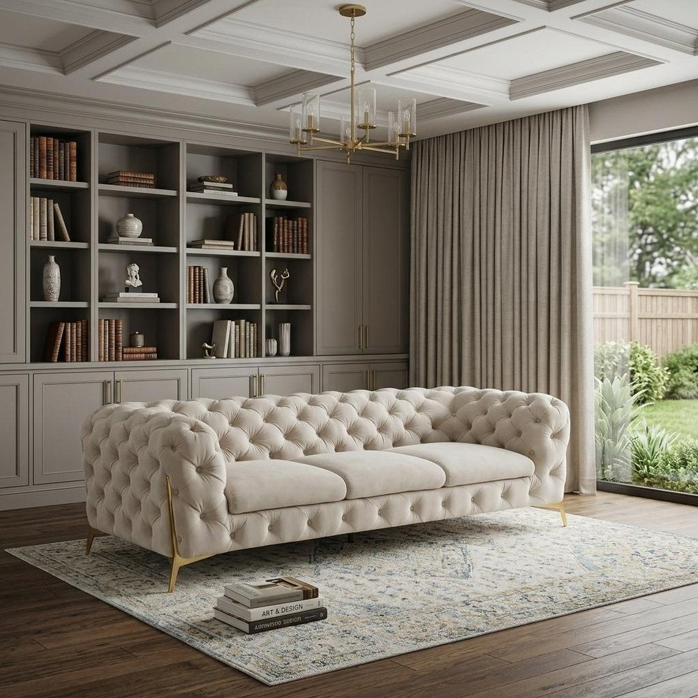 97" Beige Velvet Sofa With Gold Legs