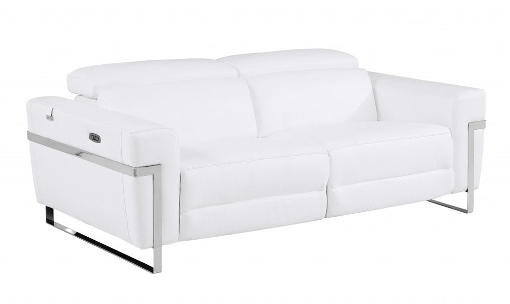 83" Dark Gray Italian Leather USB Reclining Sofa With Silver Legs