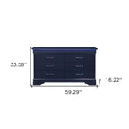 59" Blue Solid Wood Lighted Six Drawer Double Dresser