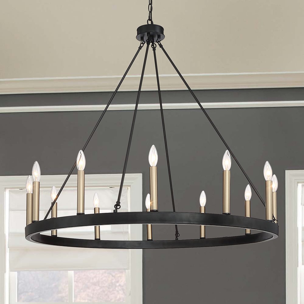 Black And Gold Candle Style Twelve Light Metal Dimmable Chandelier